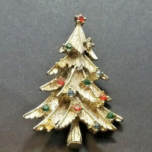 Vintage Brooch Pin Gold Tone Rhinestone Multicolored Christmas Tree, Gift Box